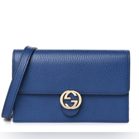 🎁 NWOT Gucci Leather Interlocking GG Chain Wallet Caspian Blue - Picture 4 of 7